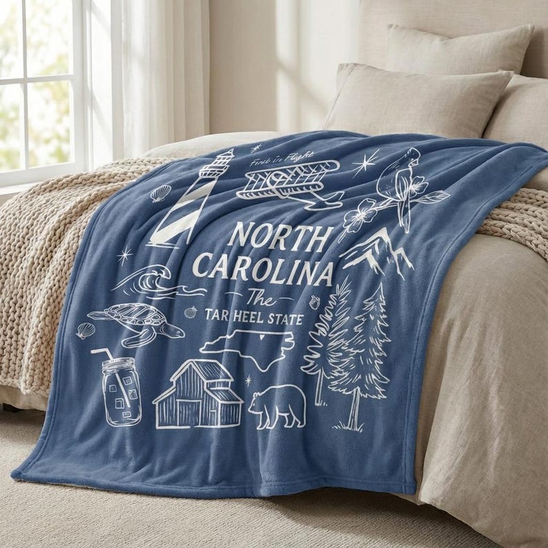 North Carolina Fleece Blanket, NC State Icons, Home Decor Gift image 2