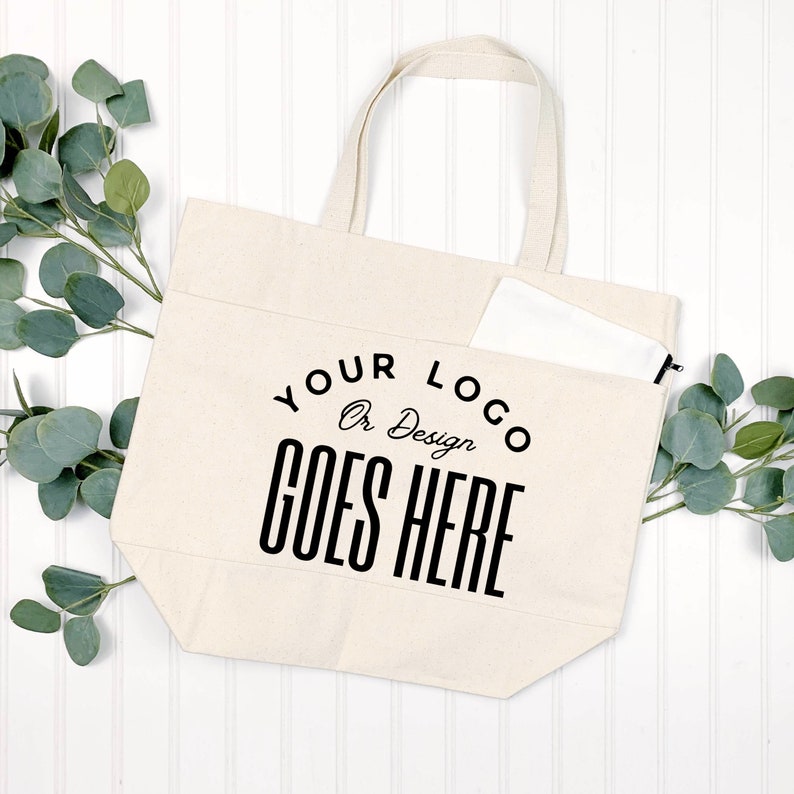 Custom Logo Tote Bag Personalized Business Promotional Canvas Tote Reusable Shopping Bag with Pockets Natural