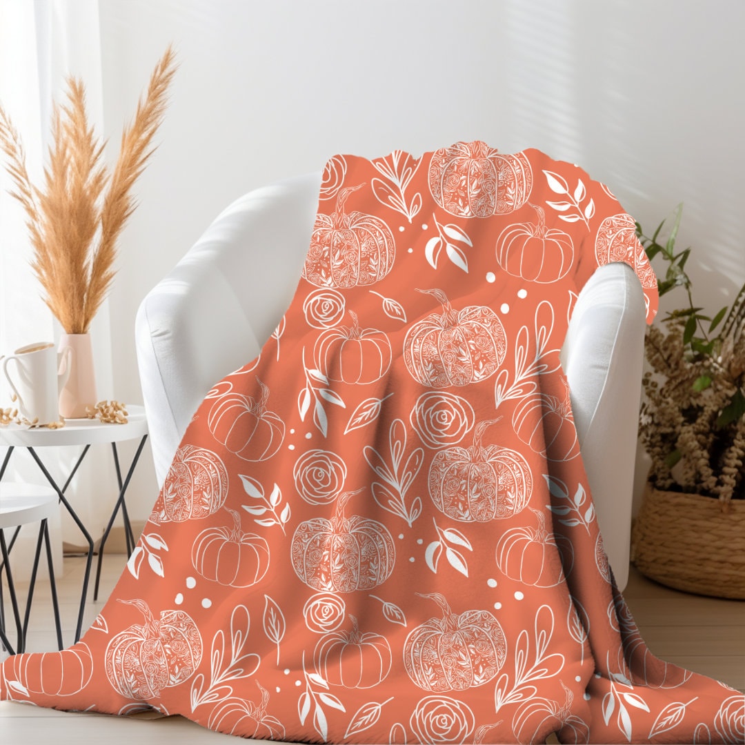 Flower Pumpkin Fleece Blanket 70”x54”: Fall Home Decor, Throw Blanket, Machine Washable
