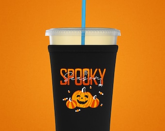 Spooky Season Cup Sleeve, 24oz Iced Coffee Sleeve, Neoprene Cold Cup Holder, Reusable Drink Sleeve, Cute Halloween Coffee Gift, Pumpkin Gift