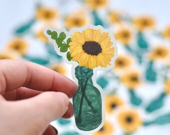 Transparent Sunflower Sticker, Wildflower Decal, 3x3 inches, Sunflower In Mason Jar