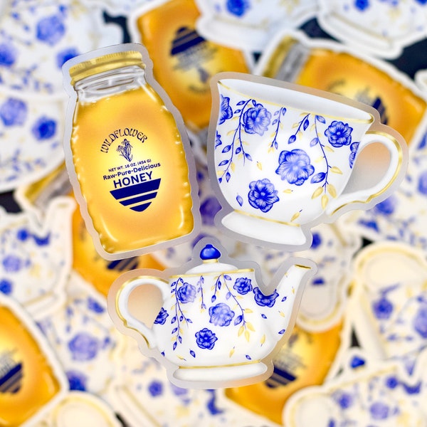 Tea Set Sticker Pack of 3:Blue Rose Porcelain Teapot and Cup With Wildflower Honey Jar, Tea Party Favors