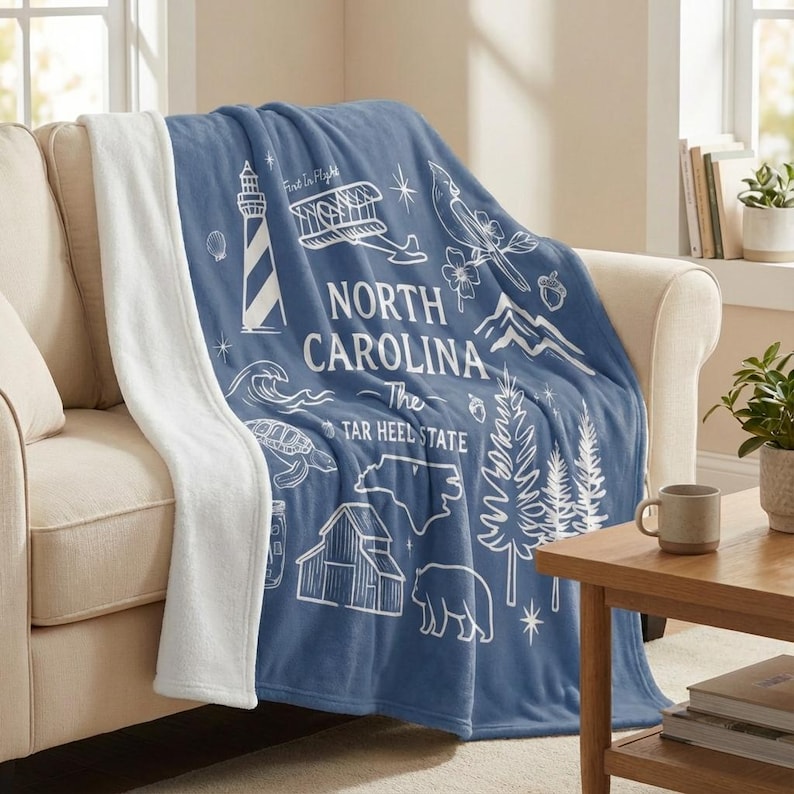 North Carolina Fleece Blanket, NC State Icons, Home Decor Gift image 1