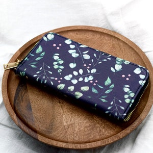 Cartera De Mujer, Cartera De Embrague Con Cremallera, Hojas De Eucalipto, Correa De Muñeca, Soporte Para Tarjeta De Crédito, Cuero Artificial