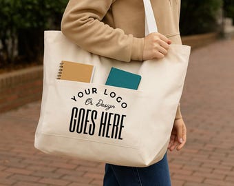 Custom Logo Tote Bag - Personalized Business Promotional Canvas Tote - Reusable Shopping Bag with Pockets