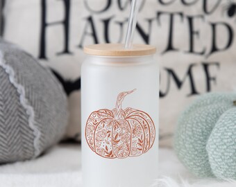 Fall Beer Can Glass, Flower Pumpkin, 16 oz. Iced Coffee Glass With Bamboo Lid And Straw, Boho Fall Cup, Fall Aesthetic Coffee Glass