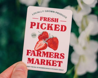 Farmers Market Strawberry Sticker, Fresh Picked Fruit Sticker, Cute Strawberry Vinyl Decal, Summer Berry Sticker, Aesthetic Fruit Sticker