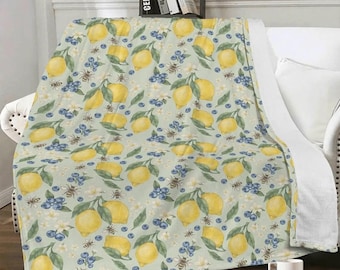 Lemonberry Bloom Fleece Blanket, Cozy Floral Fleece Throw, Soft Plush Blanket, Cottagecore Lemon Berry Blanket, Botanical Decor