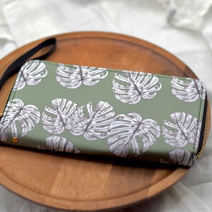 Green Monstera hojas de la billetera de embrague con pulsera, accesorios de hoja de Monstera, patrón de billetera con cremallera, billetera Boho para mujeres, billetera para iPhone