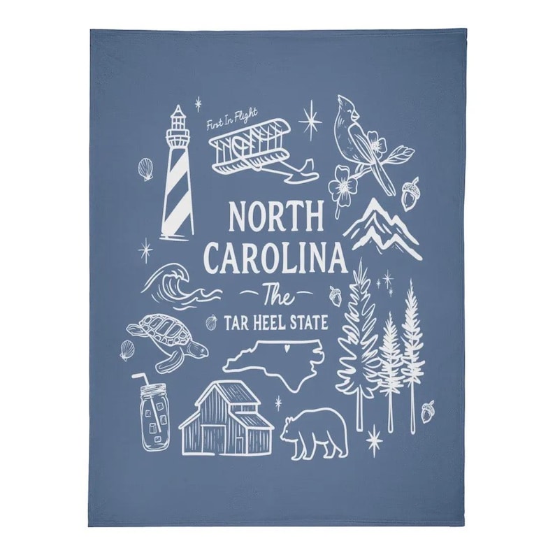 North Carolina "Tar Heel State" Fleece Blanket – Hand-Drawn State Icons - Winks Design Studio,LLC