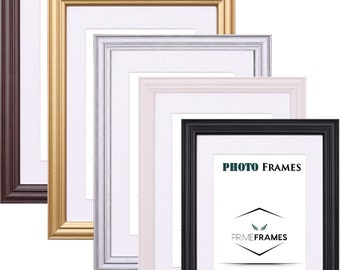 A2/A3/A4/A5/A6 Picture Photo Frames, Handmade Wooden Antique Style Frames with White Colour Mount - Wall Art Photo Frames - Various Sizes