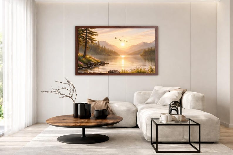 May include: A rectangular landscape wall art print in a dark brown wooden frame depicting a serene lake scene at sunrise. The image features calm water reflecting the golden sun, distant mountains, evergreen trees, and birds flying in the sky.
