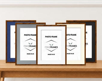 Modern Sleek Thin A2-A5 Walnut Picture Frame With Black White Grey Ivory And Blue Mount Home Decor Gift for Mom, Dad Photo Poster Frame