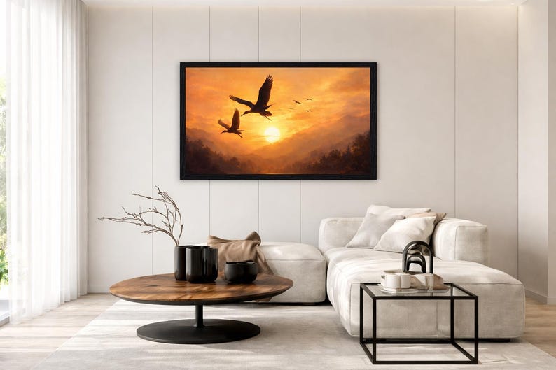 May include: A rectangular wall art piece in a black frame featuring a landscape painting of two birds flying over a mountain range during a golden sunset. The scene displays warm orange and yellow hues with silhouettes of trees and distant peaks.