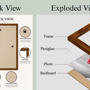 May include: A rectangular picture frame shown in a back view and an exploded view. The back view displays metal clips, an easy hang hook, and a textured finish. The exploded view shows the frame, plexiglass, a photo of a red rose, and a backboard.