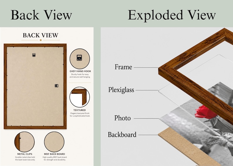 May include: A rectangular picture frame shown in a back view and an exploded view. The back view displays metal clips, an easy hang hook, and a textured finish. The exploded view shows the frame, plexiglass, a photo of a red rose, and a backboard.