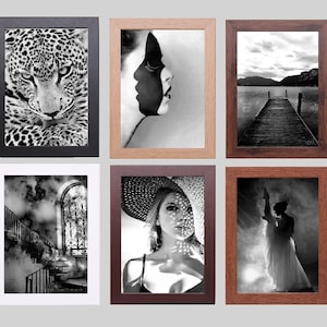 May include: Six framed black and white art prints. The images include a leopard, a woman's profile with painted face, a lake with a pier, a staircase, a woman in a hat, and a silhouette of a couple dancing.