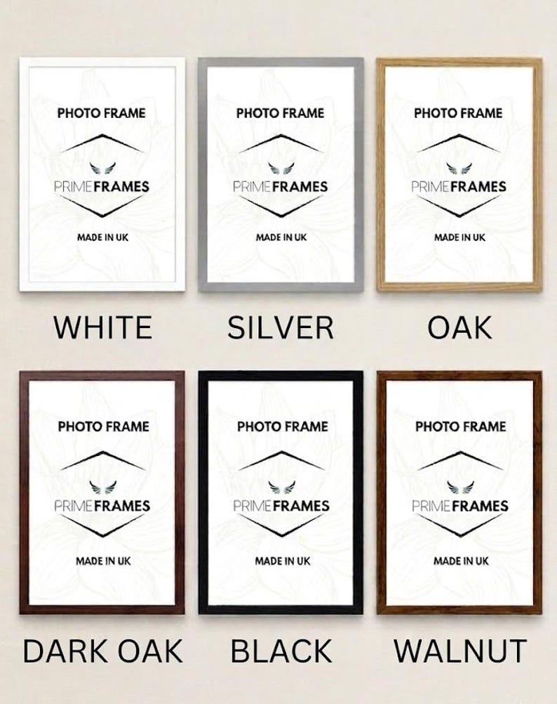 May include: Six rectangular photo frames in white, silver, oak, dark oak, black, and walnut finishes. Each frame contains a white insert with the text PHOTO FRAME, PRIME FRAMES, and MADE IN UK, featuring a central graphic of two small wings.