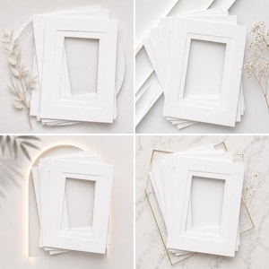 May include: Four-panel image featuring stacks of white picture mats with rectangular openings. The mats are arranged on various backgrounds, including a white surface, a geometric design, and a marble pattern. Decorative elements like dried flowers and gold frames are also present.