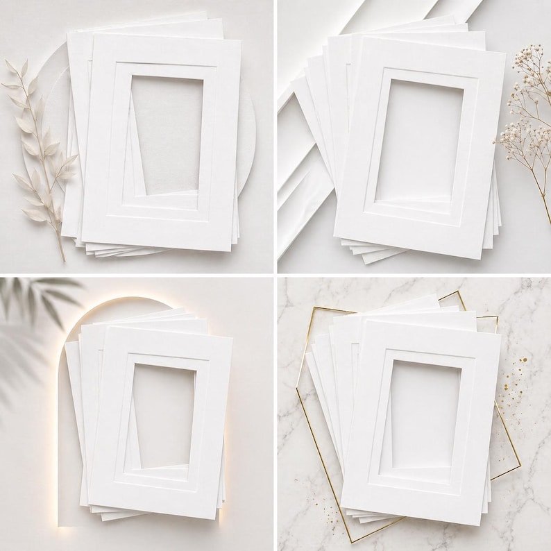 May include: Four-panel image featuring stacks of white picture mats with rectangular openings. The mats are arranged on various backgrounds, including a white surface, a geometric design, and a marble pattern. Decorative elements like dried flowers and gold frames are also present.