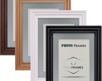 Wide Wooden Effect Photo Frame: Grey Mount, Wall Decor, All Sizes
