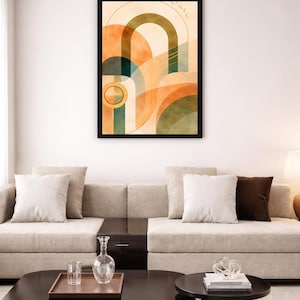 May include: A framed wall art print featuring an abstract composition of overlapping geometric shapes, including arches, circles, and flowing lines in shades of muted orange, deep forest green, and soft cream, enclosed in a thin black frame.