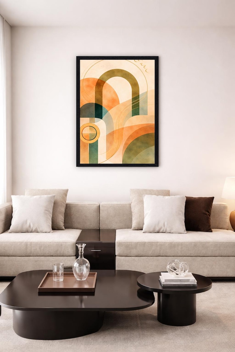 May include: A framed wall art print featuring an abstract composition of overlapping geometric shapes, including arches, circles, and flowing lines in shades of muted orange, deep forest green, and soft cream, enclosed in a thin black frame.