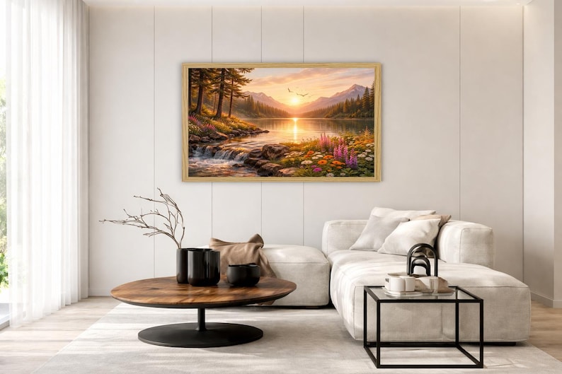 May include: A rectangular landscape painting in a light wood frame depicting a sunset over a mountain lake. The scene features a flowing stream, pine trees, and colorful wildflowers in shades of orange, yellow, and purple under a golden sky.