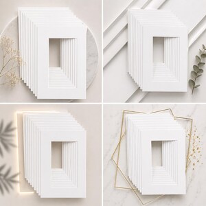 May include: Four sets of white picture mats with square openings. Each set is stacked, showcasing the layered design. The mats are arranged on various white and neutral backgrounds, with subtle decorative elements.