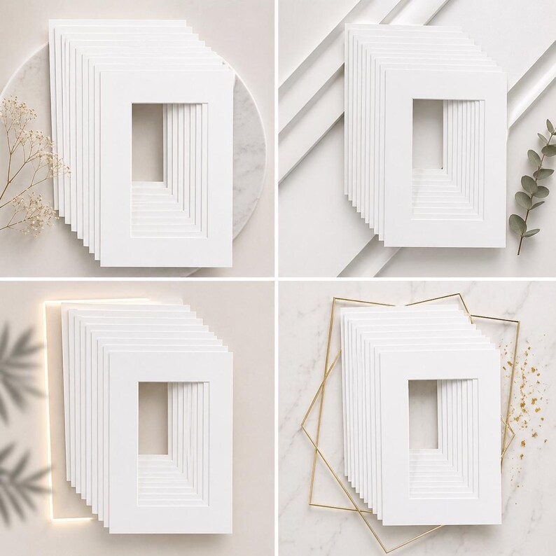 May include: Four sets of white picture mats with square openings. Each set is stacked, showcasing the layered design. The mats are arranged on various white and neutral backgrounds, with subtle decorative elements.