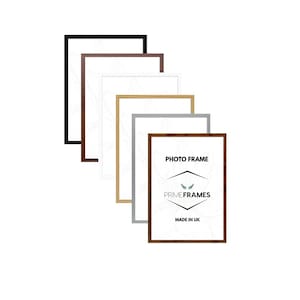 May include: A set of six rectangular photo frames in black, dark brown, white, light wood, silver, and medium brown finishes. The front-most frame features the text PHOTO FRAME, PRIME FRAMES, and MADE IN UK with a graphic icon.