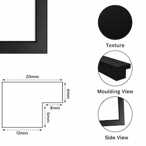 May include: A black picture frame with a matte finish. The image includes a technical diagram showing dimensions of 20mm by 15mm, with a 6mm top edge, 8mm inner ledge, and 5mm inner depth. Circular insets display the frame texture, moulding, and side view.