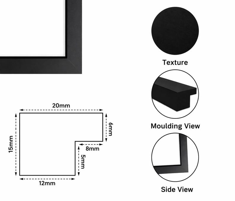May include: A black picture frame with a matte finish. The image includes a technical diagram showing dimensions of 20mm by 15mm, with a 6mm top edge, 8mm inner ledge, and 5mm inner depth. Circular insets display the frame texture, moulding, and side view.