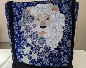 Lion Tote Bag with Ribbon Embroidery and applique. Lined with pockets!