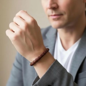 以下が含まれることがあります： 手首に巻き付く滑らかで編み込まれた質感の茶色の編み込みレザーブレスレット。ブレスレットは金属製の留め具で固定されており、肌に快適にフィットするシンプルで機能的なデザインが特徴です。