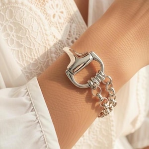 Può includere: Un bracciale in metallo color argento lucido caratterizzato da un elemento centrale a forma di morsetto, collegato a una catena a doppio filo. La struttura metallica presenta una finitura liscia e riflettente.