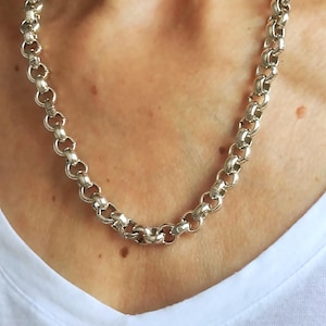 Collar de cadena rolo de 10 mm con baño de plata de ley oxidada - Gargantilla de cadena rolo - Accesorio de joyería para hombres y mujeres