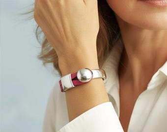 Pink flat leather half cuff button bracelet