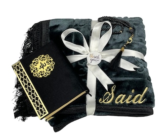 Personalisierte Samt Gebetsteppich Koran Perlen Tasbih Geschenk Set | Ramadan Eid Hajj Hochzeit Geburtstag Valentinstag Geschenk Mutter