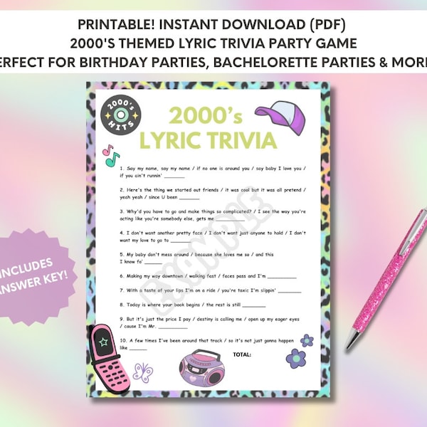 2000’s Lyric Trivia - Y2K Party Theme Activity - Fun For Bachelorette and Birthday Parties - Digital Download, Instant Print