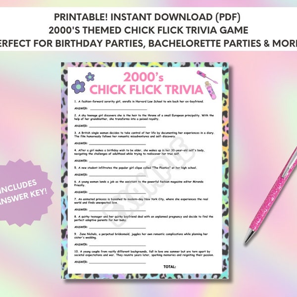 2000’s Chick Flick Trivia Game - Y2K Party Theme Activity - Fun For Bachelorette and Birthday Parties - Digital Download, Instant Print