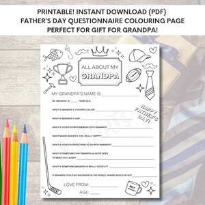 Hoja para colorear del cuestionario Todo sobre mi abuelo / Regalo perfecto para niños para el día del padre / Actividad divertida para niños