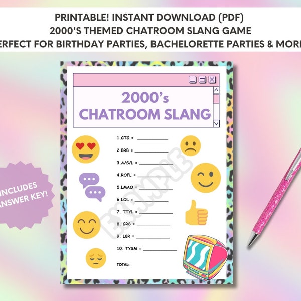 2000’s Chatroom Slang Trivia Game - Y2K Party Theme Activity - Fun For Bachelorette and Birthday Parties - Digital Download, Instant Print