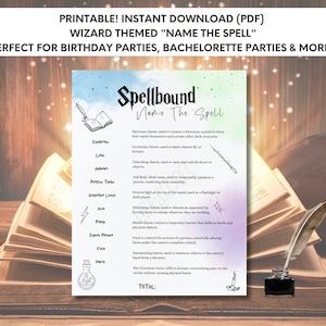 May include: A printable PDF game card with a light blue, pink, and green watercolor background. The card features a list of spells with their descriptions, including "Expelliarmus", "Lumos", "Alohomora", "Petrificus Totalus", "Wingardium Leviosa", "Accio", "Protego", "Episkey", "Crucio", and "Imperio". The card is titled "Spellbound: Name the Spell".