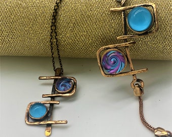 Handmade Bronze Labyrinth Bracelet and Necklace, Murano Glass Bead Jewelry Set