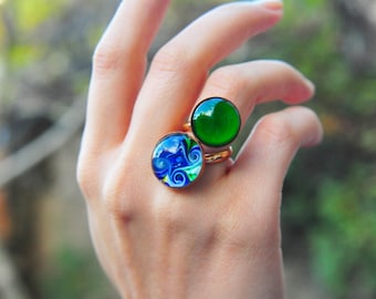 Handmade Green Murano Glass Ring, Adjustable Bronze Band