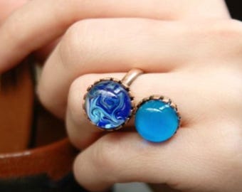 Handmade Bronze Adjustable Ring, Murano Glass, Boho Hippie Style