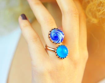 Handmade Murano Glass Ring: Adjustable Bronze Boho Ring, Blue Ring