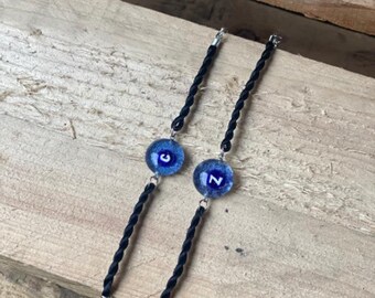 Personalized Couple Bracelets, Initial Murano Glass Evil Eye Charm, Set of 2