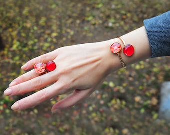 Handmade Red Murano Glass Bronze Ring and Bracelet Set
